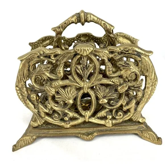 Brass Letter Napkin Holder Desk Organizer Floral Baroque Ornate Heavy 6" - Picture 3 of 6